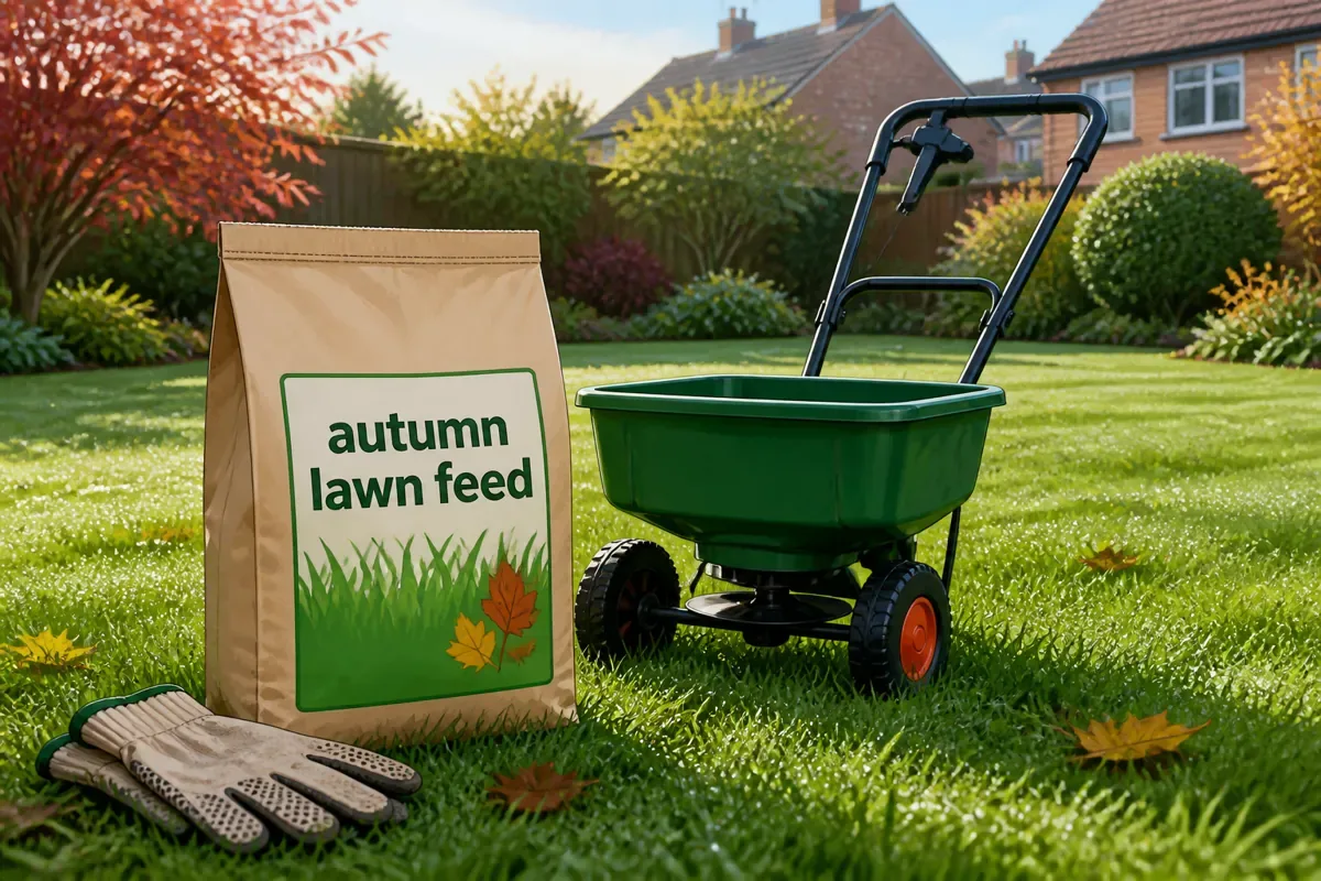 Illustration of autumn lawn feed, gloves and a hand spreader on a UK lawn