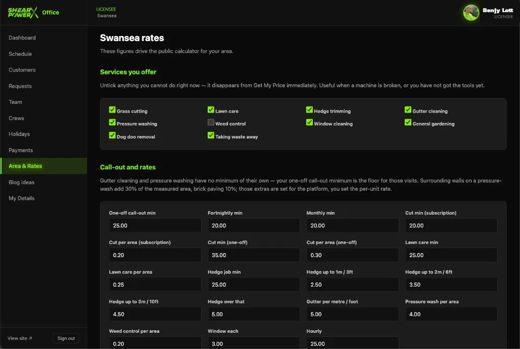 Area and rates: services you can tick off, and the figures that drive Get My Price