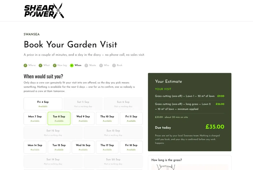 A customer picking a real available day on Get My Price, with the estimate already done from a map measurement